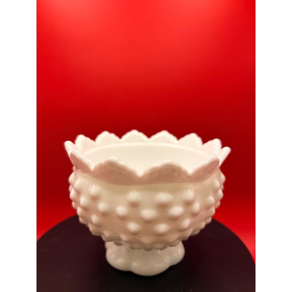 Fenton White Milk Glass Hobnail Votive Candle Holder Scalloped Sawtooth Rim 3.5"